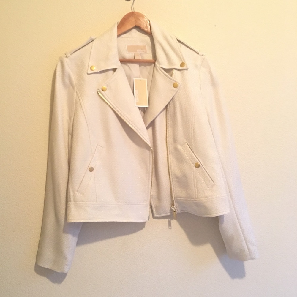 New Michael Kors Cream Moto Jacket with Gold